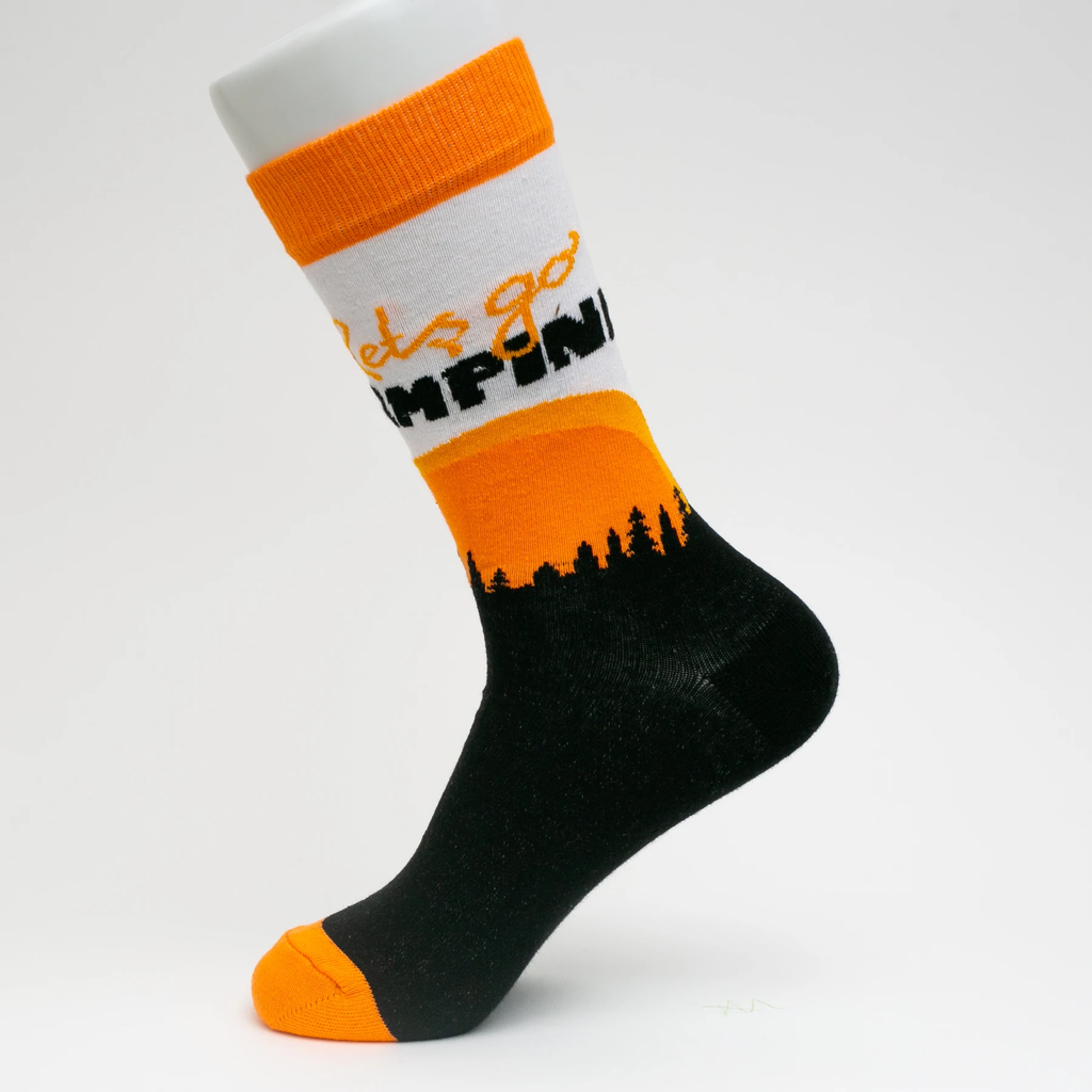 Lets Go Camping Socks | Black And Orange White | Socks To Be You
