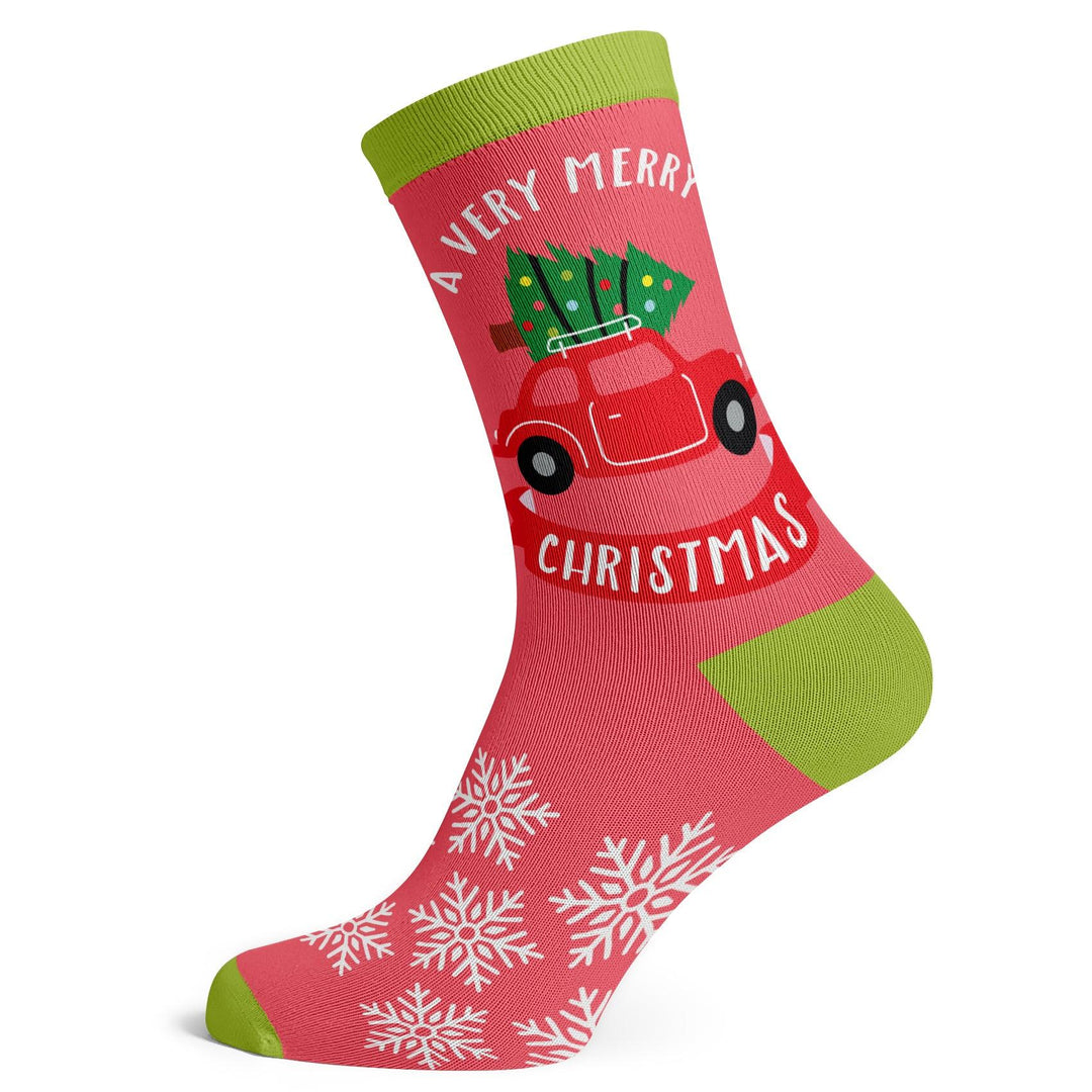 Christmas Banner Red Car And Tree Socks - Socks To Be You